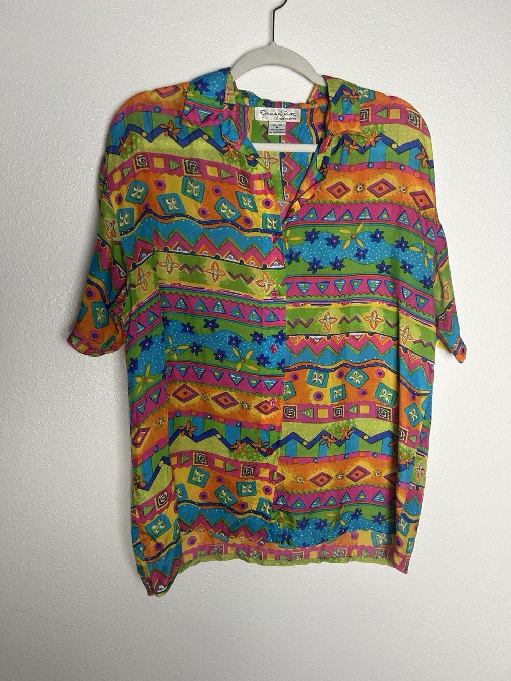 Women’s Vintage Oscar De la Renta 100% Silk Art Deco Geometric Button Down Sz M